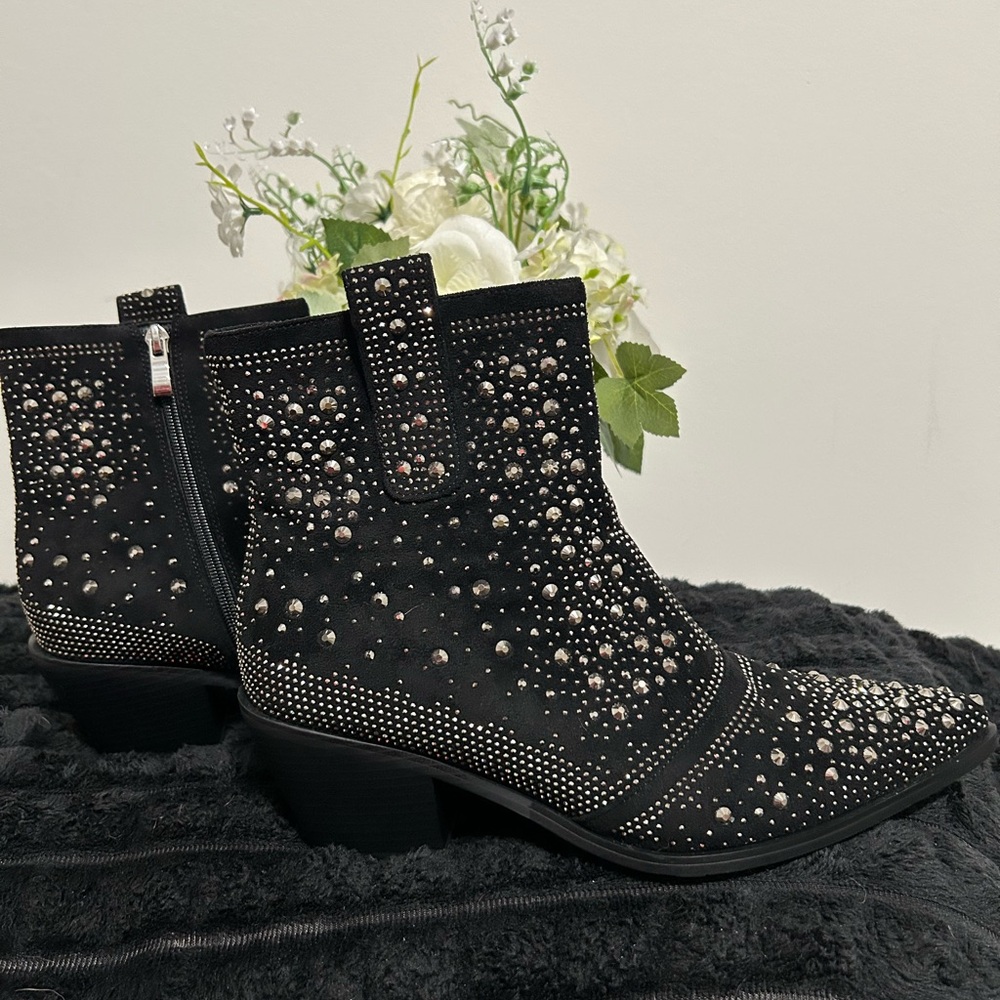 Great Isnom Elegant Women Crystal Studded Ankle Booties, Black, Size 11
